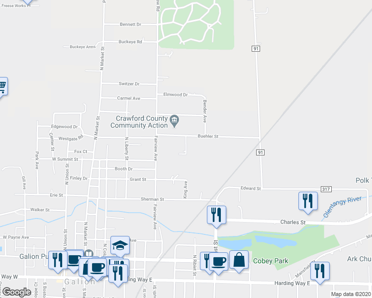 map of restaurants, bars, coffee shops, grocery stores, and more near 500 Galion Arms Court in Galion