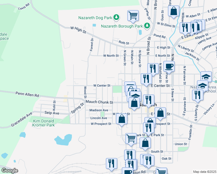 map of restaurants, bars, coffee shops, grocery stores, and more near 215 West Center Street in Nazareth
