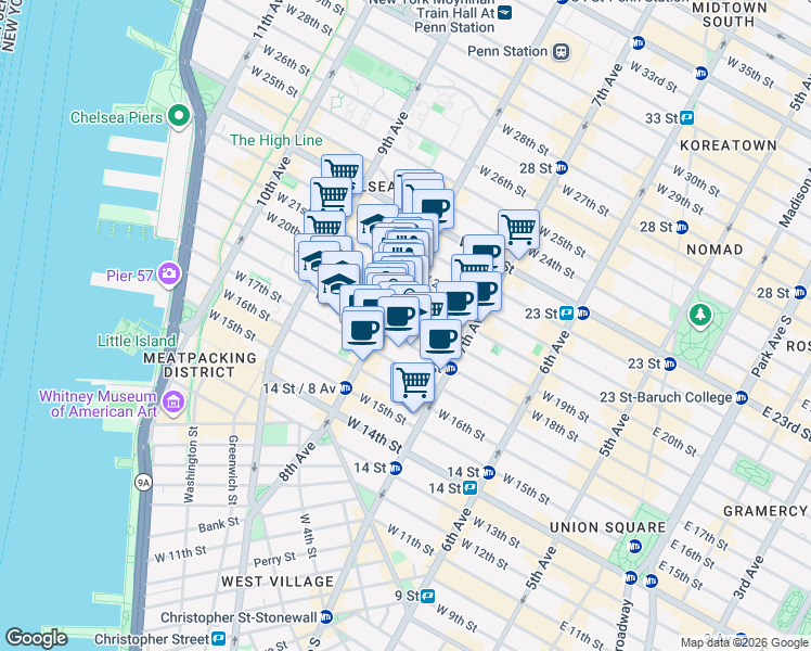 map of restaurants, bars, coffee shops, grocery stores, and more near 268 West 19th Street in New York