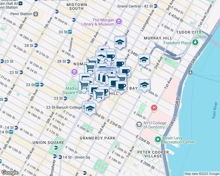 map of restaurants, bars, coffee shops, grocery stores, and more near 107 Lexington Avenue in New York