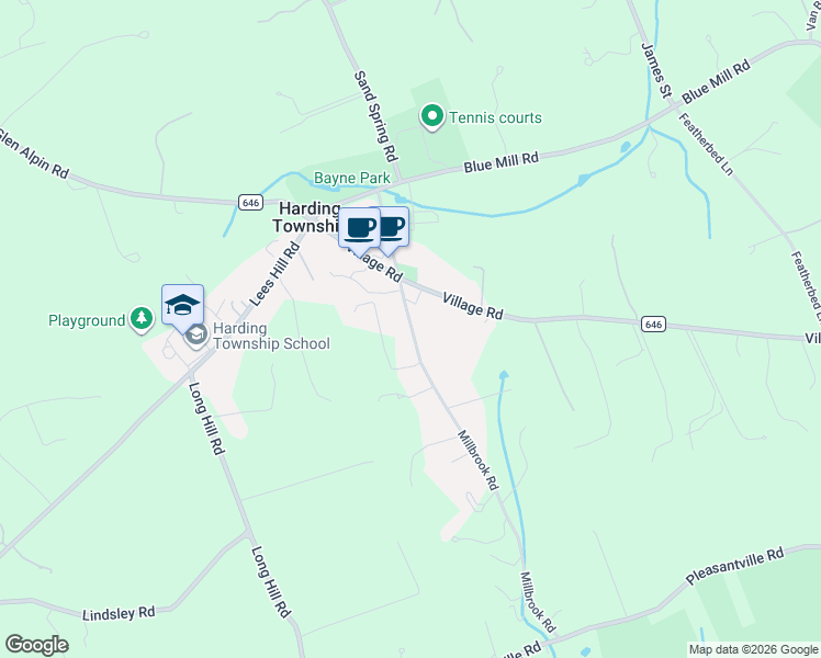 map of restaurants, bars, coffee shops, grocery stores, and more near 23 Millbrook Road in Harding Township