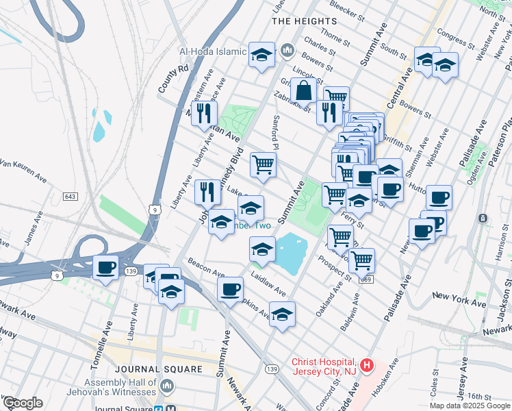 map of restaurants, bars, coffee shops, grocery stores, and more near 45 Carlton Avenue in Jersey City