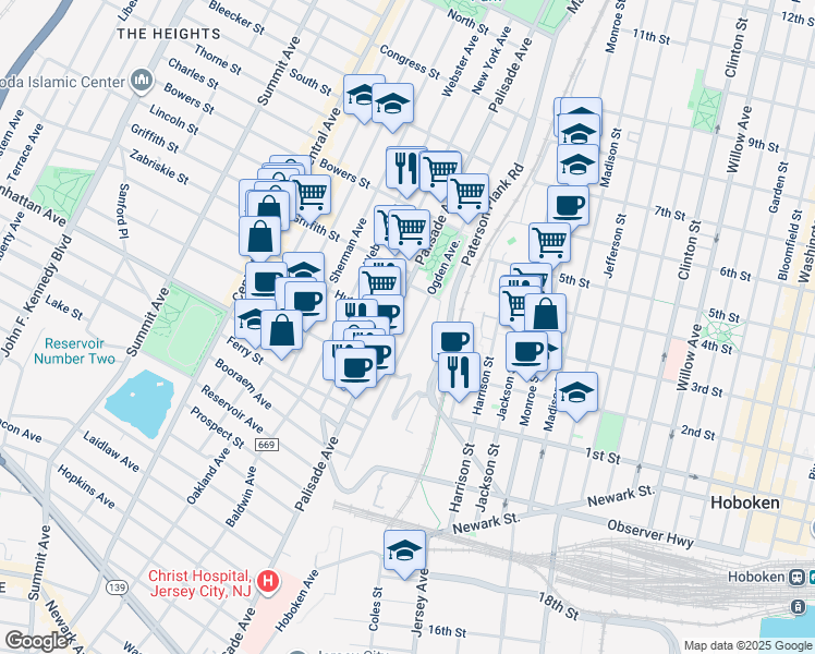 map of restaurants, bars, coffee shops, grocery stores, and more near 426 Palisade Avenue in Jersey City