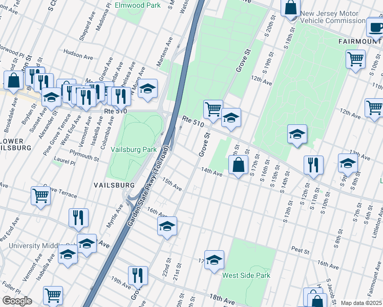 map of restaurants, bars, coffee shops, grocery stores, and more near 16 Dassing Avenue in Newark