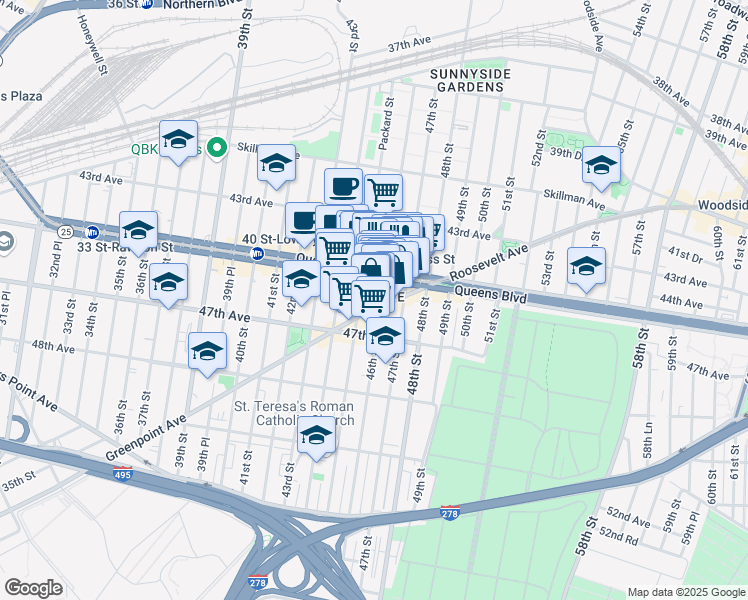map of restaurants, bars, coffee shops, grocery stores, and more near in Queens