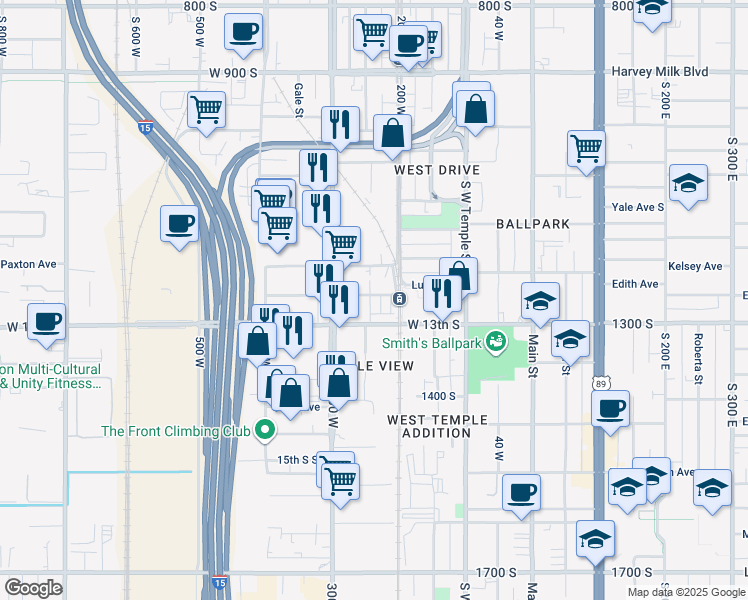 map of restaurants, bars, coffee shops, grocery stores, and more near 258 West Lucy Avenue in Salt Lake City