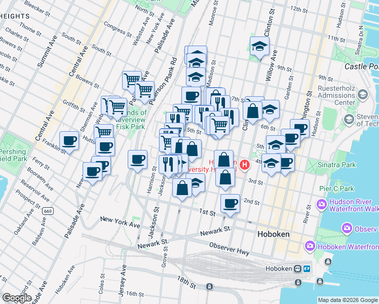 map of restaurants, bars, coffee shops, grocery stores, and more near in Hoboken