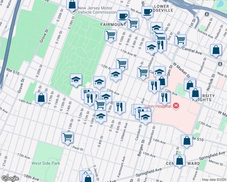 map of restaurants, bars, coffee shops, grocery stores, and more near 359 13th Avenue in Newark
