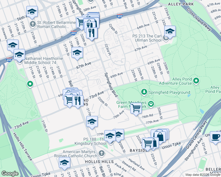 map of restaurants, bars, coffee shops, grocery stores, and more near 69-19 Springfield Boulevard in Queens