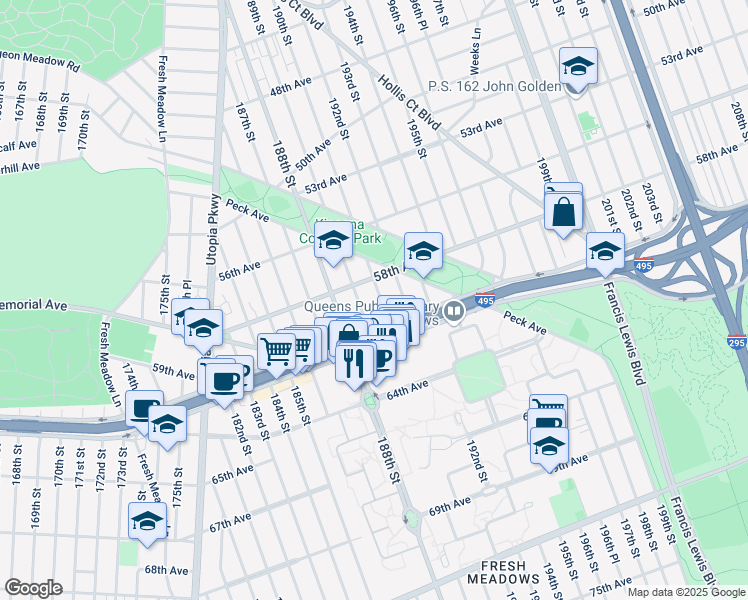 map of restaurants, bars, coffee shops, grocery stores, and more near 58-08 192nd Street in Queens