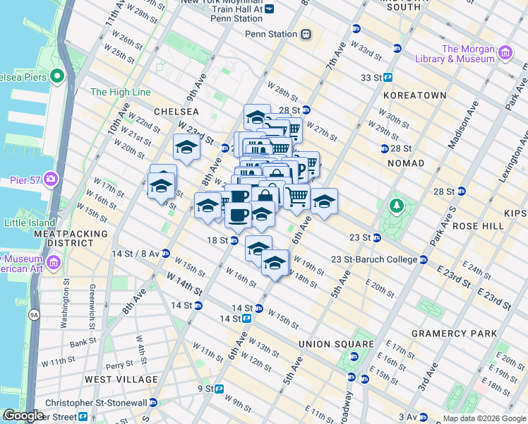 map of restaurants, bars, coffee shops, grocery stores, and more near 177 7th Avenue in New York