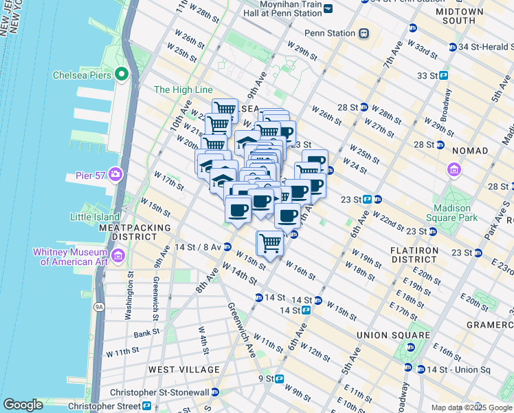 map of restaurants, bars, coffee shops, grocery stores, and more near 252 West 20th Street in New York