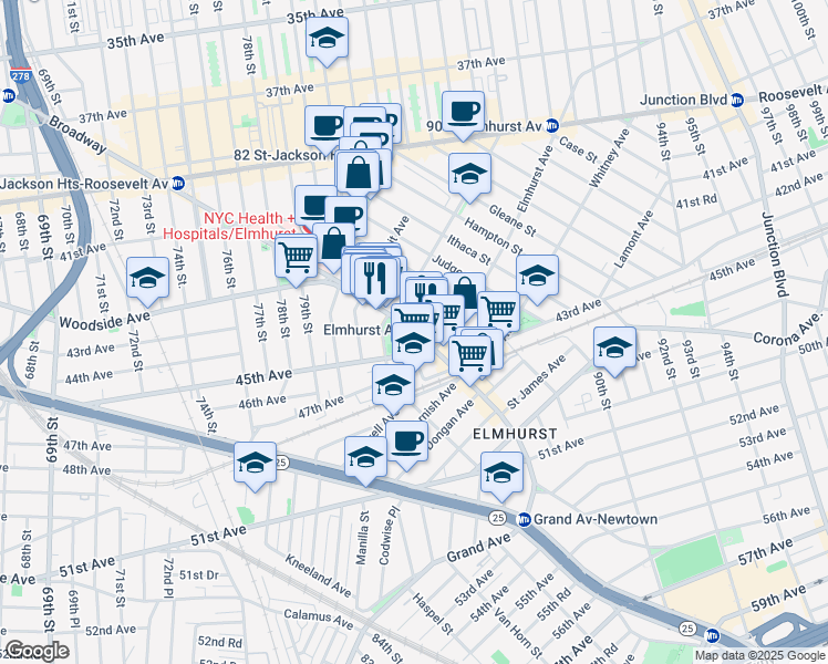 map of restaurants, bars, coffee shops, grocery stores, and more near Broadway & Vietor Avenue in Queens