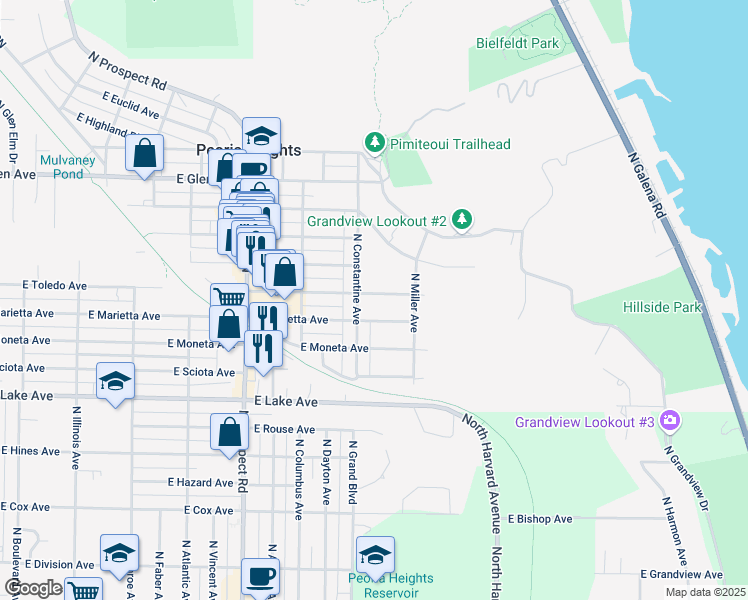 map of restaurants, bars, coffee shops, grocery stores, and more near 1512 East Kelly Avenue in Peoria Heights