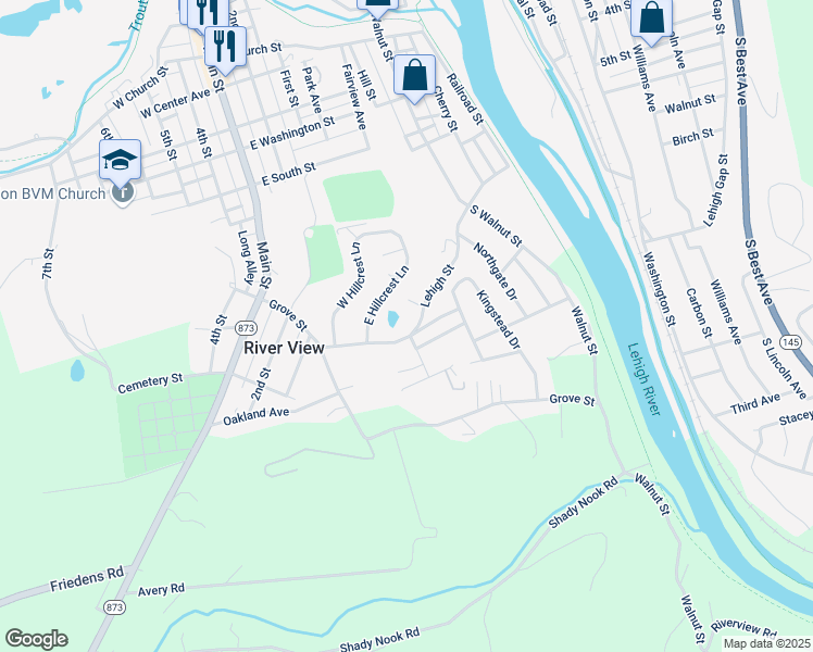 map of restaurants, bars, coffee shops, grocery stores, and more near 2621 Lehigh Street in Slatington