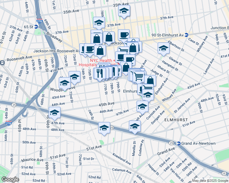 map of restaurants, bars, coffee shops, grocery stores, and more near 42-24 78th Street in Queens