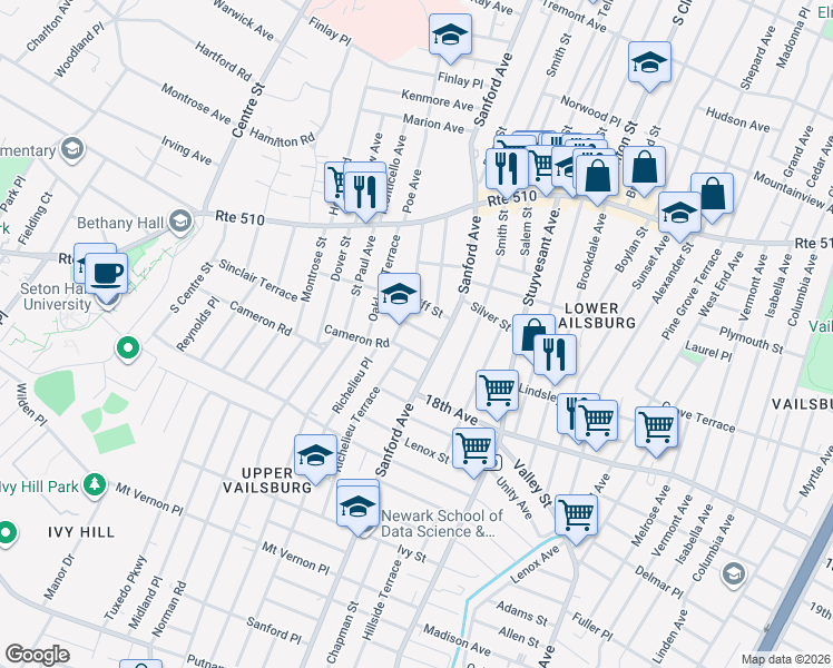 map of restaurants, bars, coffee shops, grocery stores, and more near 20 Noll Place in Newark