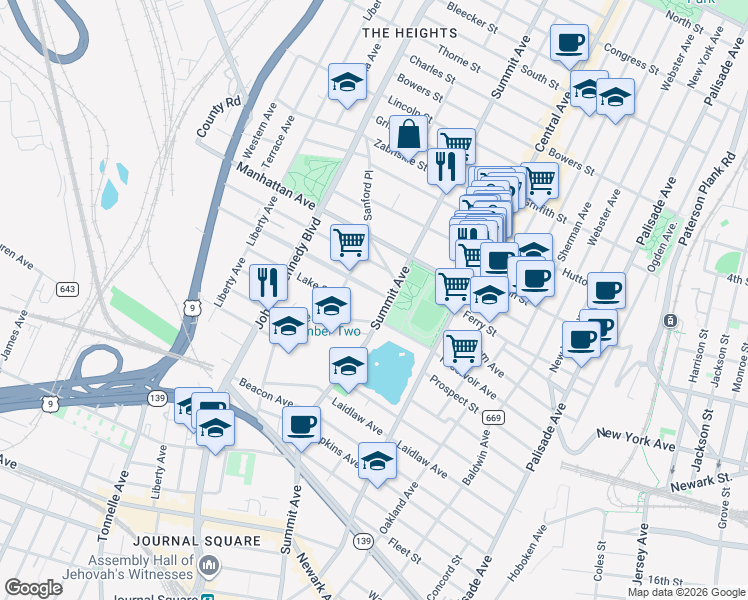 map of restaurants, bars, coffee shops, grocery stores, and more near 835 Summit Avenue in Jersey City