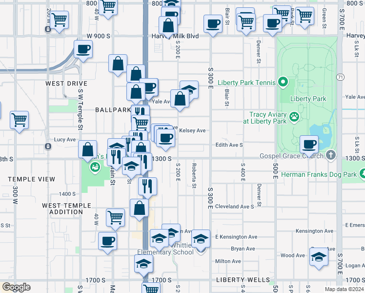 map of restaurants, bars, coffee shops, grocery stores, and more near 1197 South 200 East in Salt Lake City