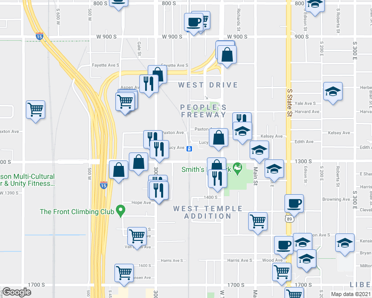 map of restaurants, bars, coffee shops, grocery stores, and more near 1175 South 200 West in Salt Lake City