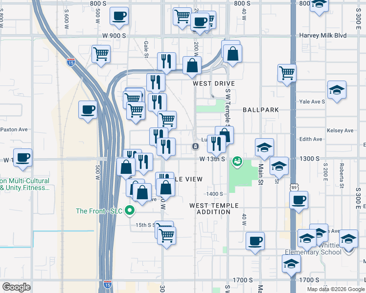 map of restaurants, bars, coffee shops, grocery stores, and more near 258 West Lucy Avenue in Salt Lake City