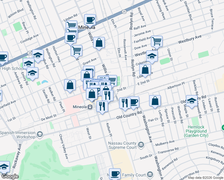 map of restaurants, bars, coffee shops, grocery stores, and more near 133 Willis Avenue in Mineola