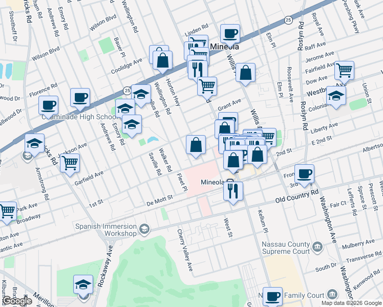 map of restaurants, bars, coffee shops, grocery stores, and more near 147 Horton Highway in Mineola