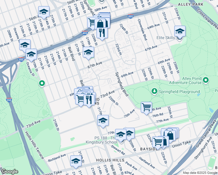 map of restaurants, bars, coffee shops, grocery stores, and more near 220-49 73rd Avenue in Queens
