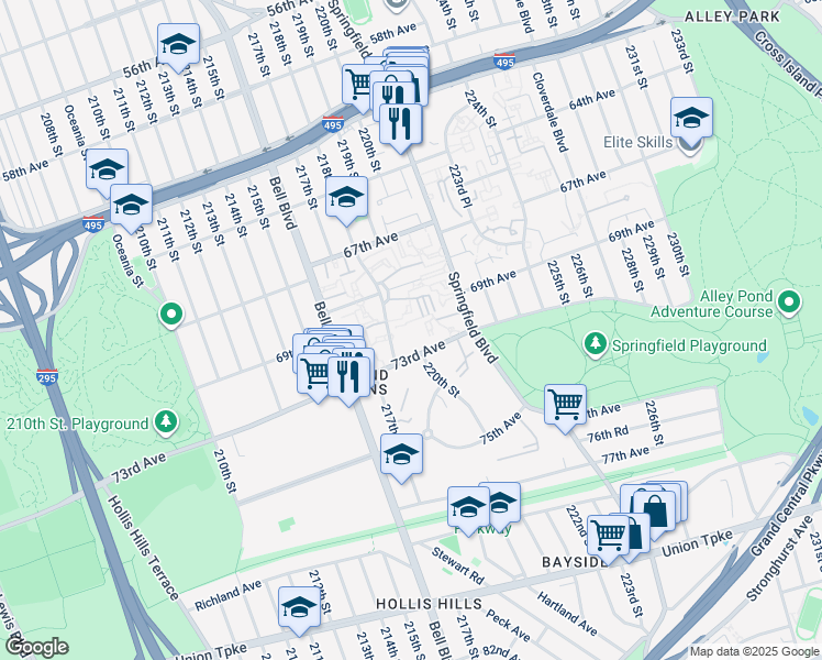 map of restaurants, bars, coffee shops, grocery stores, and more near 6877 218th Street in Queens