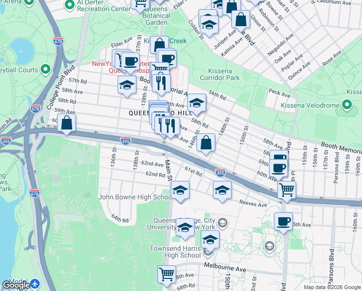 map of restaurants, bars, coffee shops, grocery stores, and more near 142-25 60th Avenue in Queens