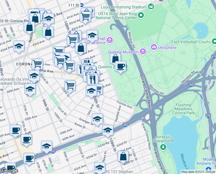 map of restaurants, bars, coffee shops, grocery stores, and more near 108-50 53rd Avenue in Queens
