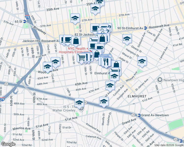 map of restaurants, bars, coffee shops, grocery stores, and more near 42-25 79th Street in Queens