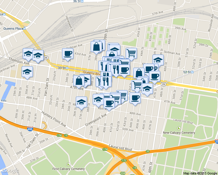 map of restaurants, bars, coffee shops, grocery stores, and more near in Queens