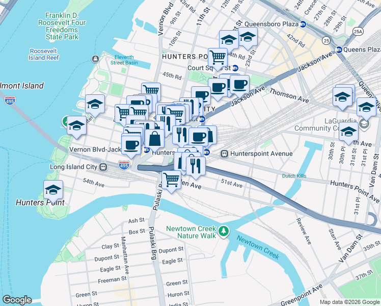 map of restaurants, bars, coffee shops, grocery stores, and more near 11-39 49th Avenue in Queens