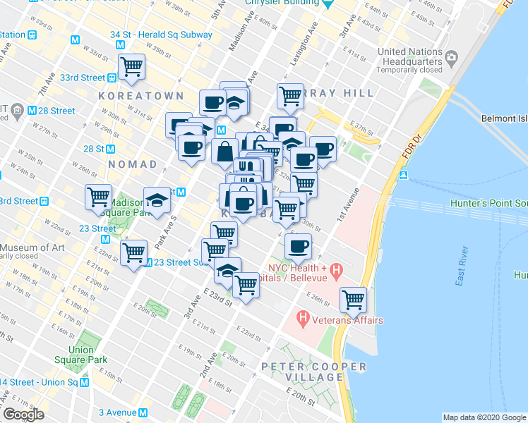 map of restaurants, bars, coffee shops, grocery stores, and more near in New York