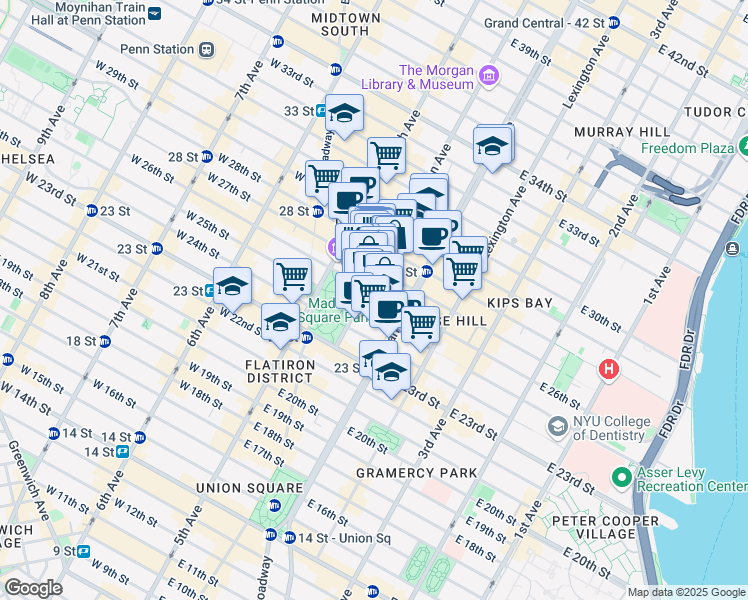 map of restaurants, bars, coffee shops, grocery stores, and more near 51 Madison Avenue in New York