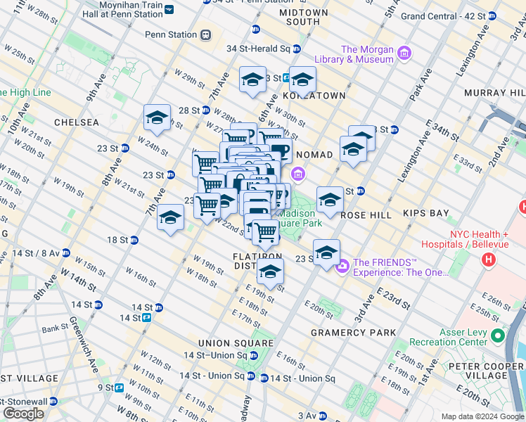 map of restaurants, bars, coffee shops, grocery stores, and more near 19 West 24th Street in New York