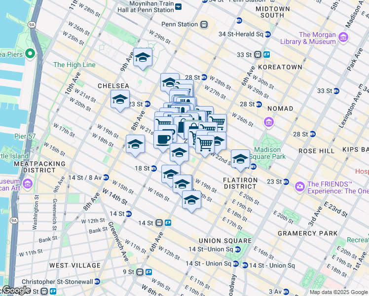 map of restaurants, bars, coffee shops, grocery stores, and more near 147 West 22nd Street in New York