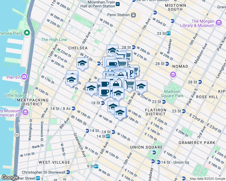 map of restaurants, bars, coffee shops, grocery stores, and more near 177 7th Avenue in New York