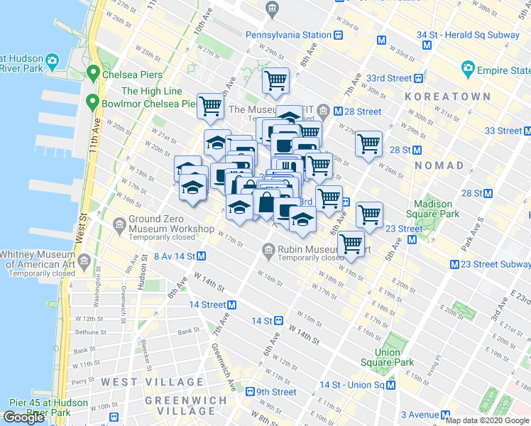 map of restaurants, bars, coffee shops, grocery stores, and more near 223 West 20th Street in New York