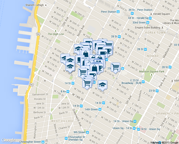 map of restaurants, bars, coffee shops, grocery stores, and more near 223 West 20th Street in New York