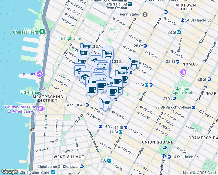 map of restaurants, bars, coffee shops, grocery stores, and more near in New York