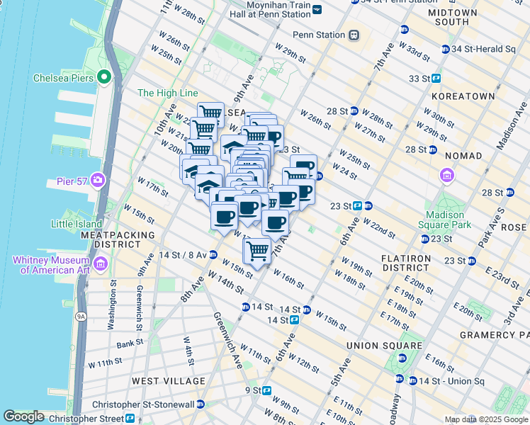 map of restaurants, bars, coffee shops, grocery stores, and more near in New York