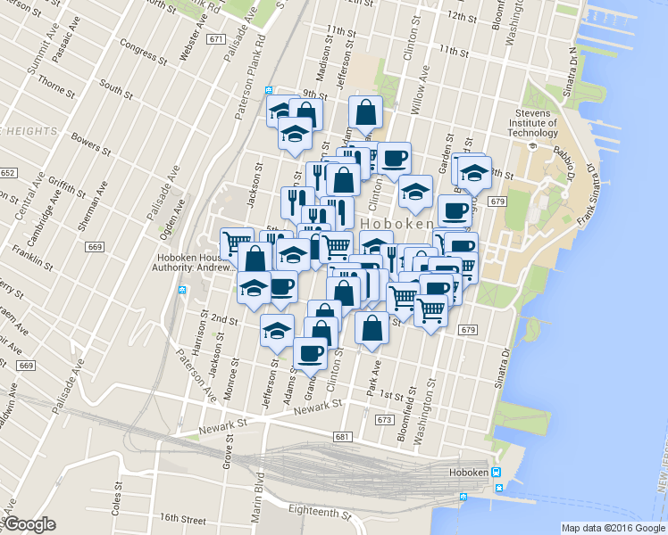 map of restaurants, bars, coffee shops, grocery stores, and more near 415 Adams Street in Hoboken