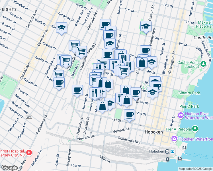 map of restaurants, bars, coffee shops, grocery stores, and more near in Hoboken