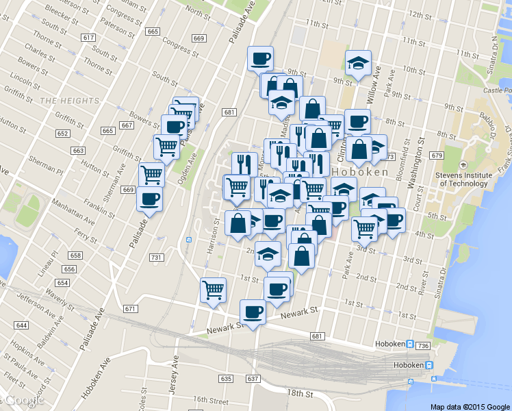 map of restaurants, bars, coffee shops, grocery stores, and more near in Hoboken