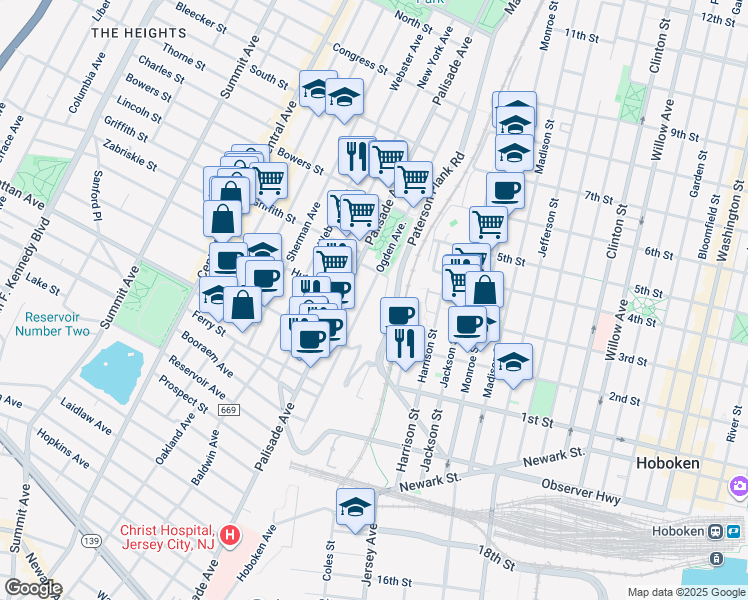 map of restaurants, bars, coffee shops, grocery stores, and more near 426 Palisade Avenue in Jersey City