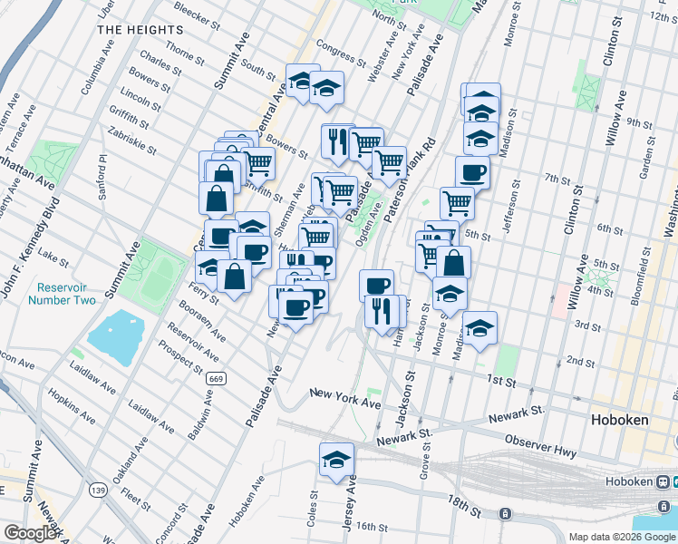 map of restaurants, bars, coffee shops, grocery stores, and more near 426 Palisade Avenue in Jersey City