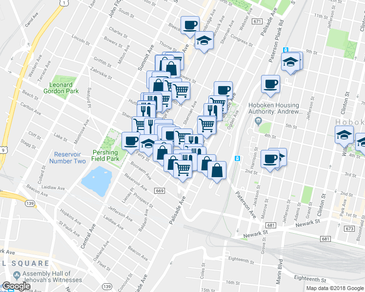 map of restaurants, bars, coffee shops, grocery stores, and more near 70 Sherman Avenue in Jersey City