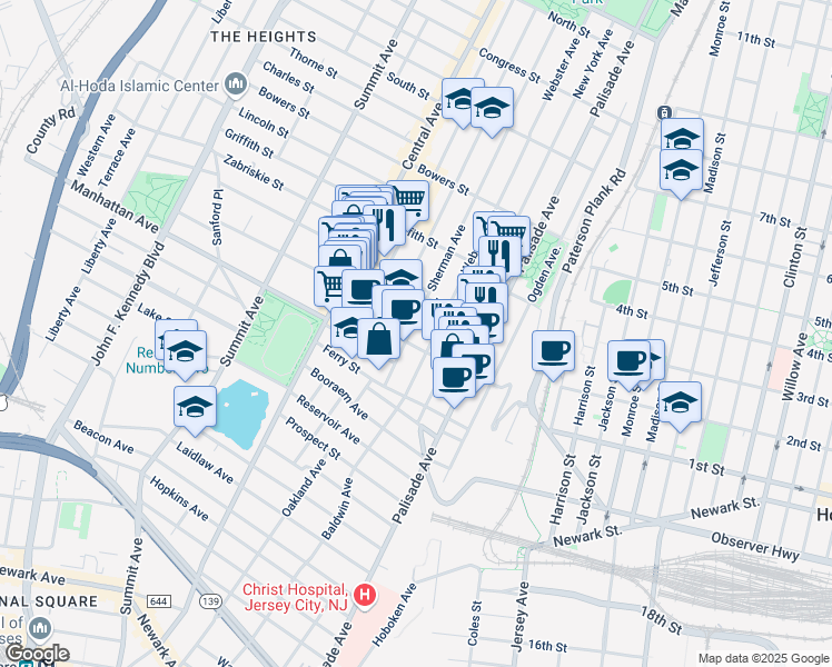 map of restaurants, bars, coffee shops, grocery stores, and more near 70 Sherman Avenue in Jersey City